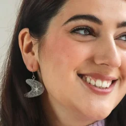 Atomic Boomerang Glitter Drop Earrings - Silver