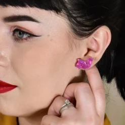 Bird Textured Glitter Resin Stud Earrings - Fuchsia