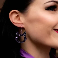 Cat Head Chunky Glitter Resin Drop Earrings - Purple