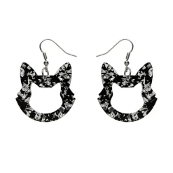 Cat Head Chunky Glitter Resin Drop Earrings - Silver