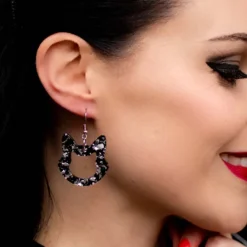 Cat Head Chunky Glitter Resin Drop Earrings - Silver