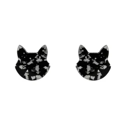 Cat Head Chunky Glitter Resin Stud Earrings - Silver