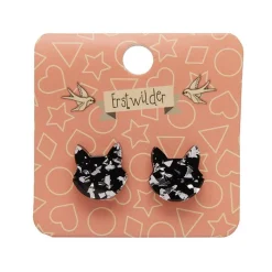 Cat Head Chunky Glitter Resin Stud Earrings - Silver