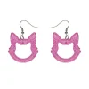 Cat Head Glitter Resin Drop Earrings - Pink