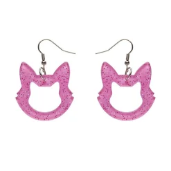 Cat Head Glitter Resin Drop Earrings - Pink