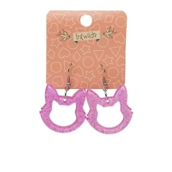 Cat Head Glitter Resin Drop Earrings - Pink