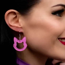 Cat Head Glitter Resin Drop Earrings - Pink