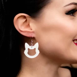 Cat Head Glitter Resin Drop Earrings - White