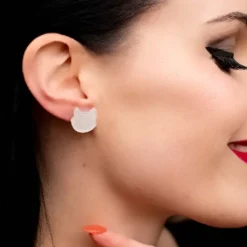 Cat Head Glitter Resin Stud Earrings - White