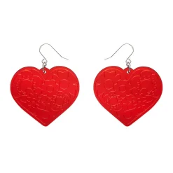 Love Heart Mirror Drop Earrings - Red