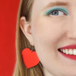 Love Heart Mirror Drop Earrings - Red