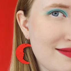Moon Mirror Drop Earrings - Red