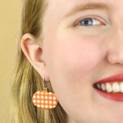 Pumpkin Gingham Drop Earrings - Orange
