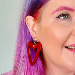 Statement Glitter Ripple Resin Heart Drop Earrings - Red