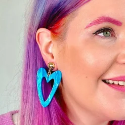 Statement Glitter Ripple Heart Drop Earrings - Aqua