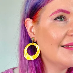 Statement Marble Resin Circle Drop Earrings - Yellow