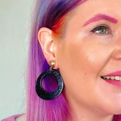 Statement Ripple Resin Circle Drop Earrings - Black
